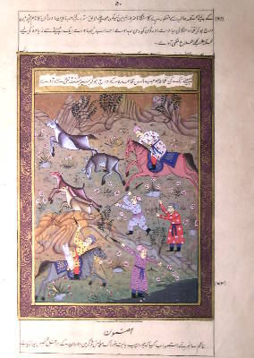 Cavalli e cavalieri a caccia (Miniatura persiana, secolo XIX)